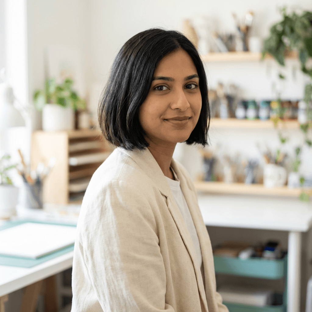 Maya Chen in a modern workspace with natural light