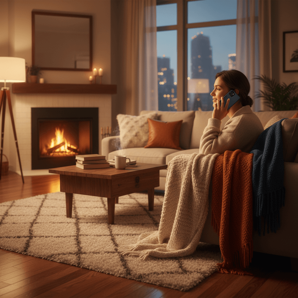 Person holding a smartphone to their ear, talking on the phone in a cozy living room