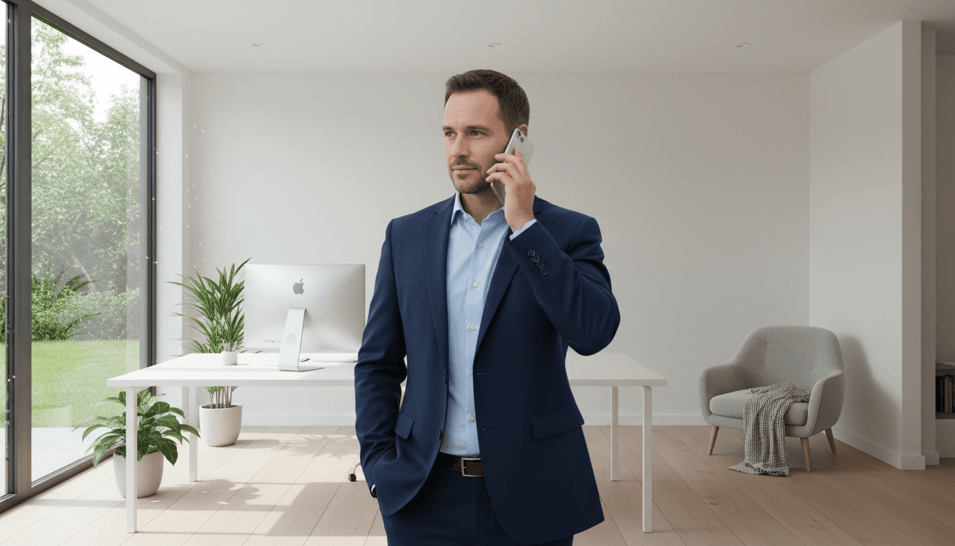 Person holding a phone to their ear in a bright modern office