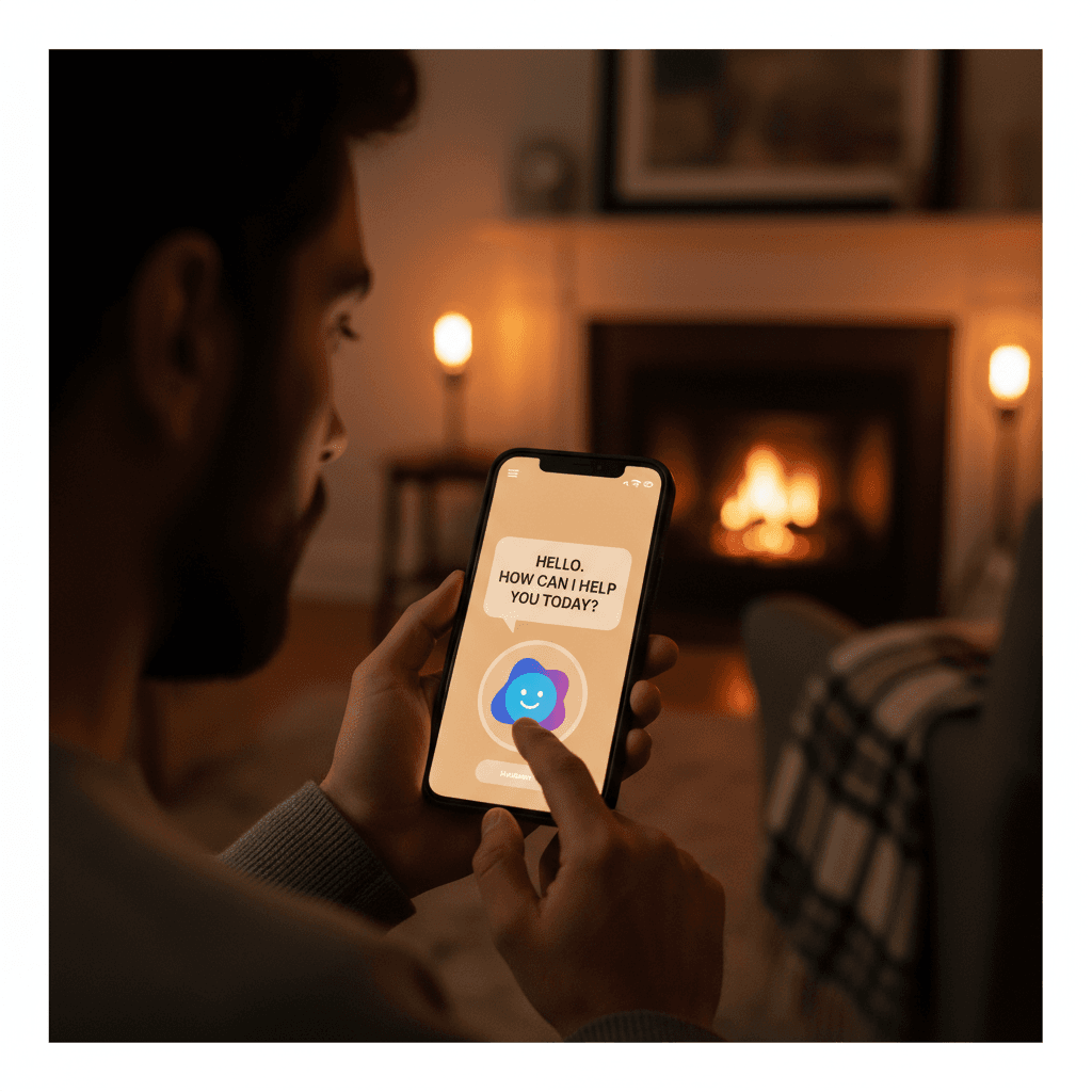 Person speaking on phone with a friendly AI assistant interface visible on the screen