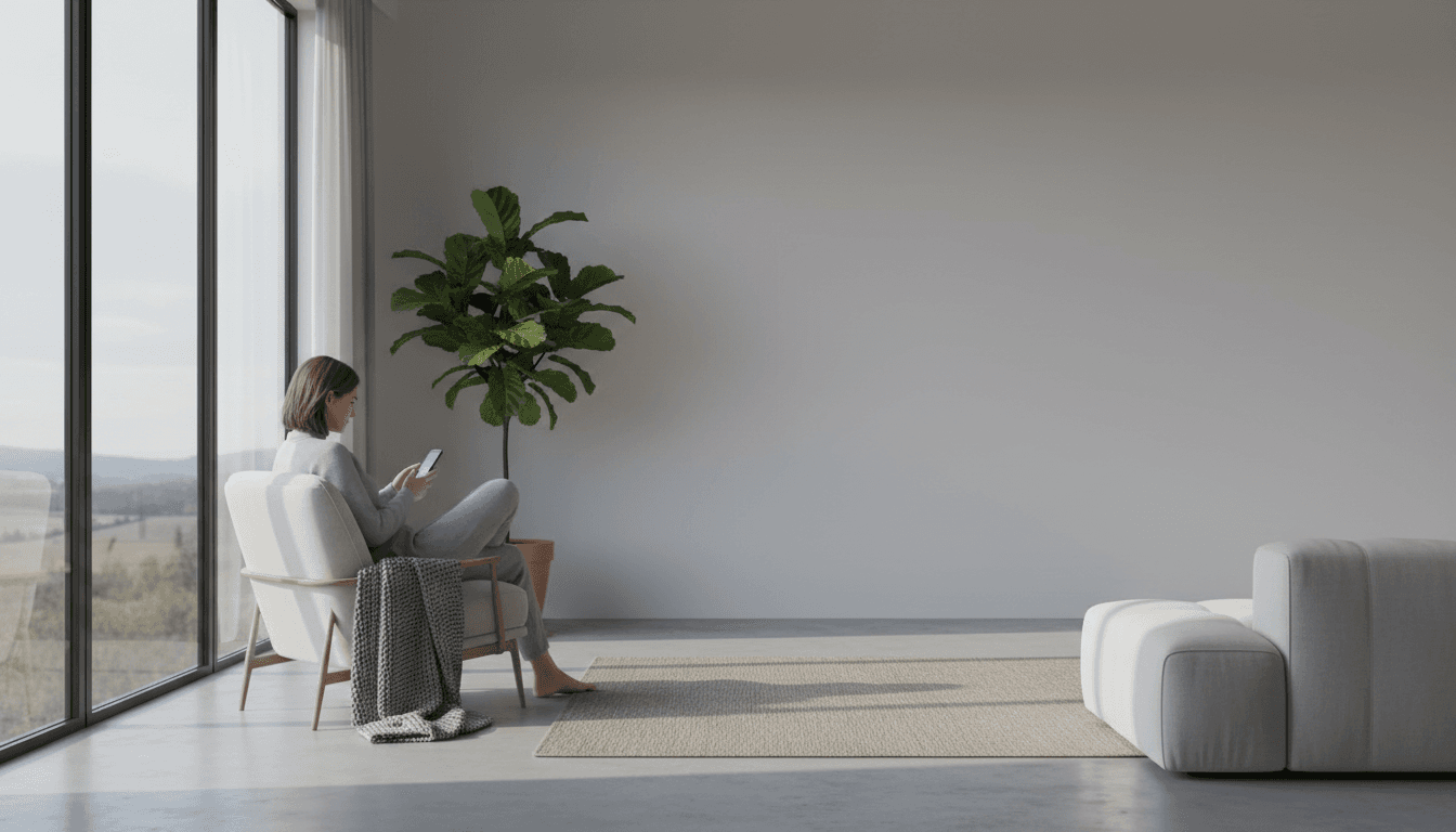 Person talking on phone while sitting in a cozy living room